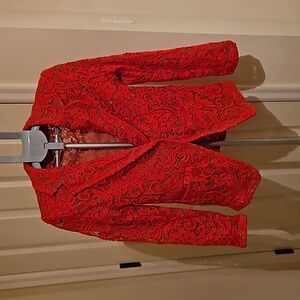 Loragal Red Lace Sheer Blazer